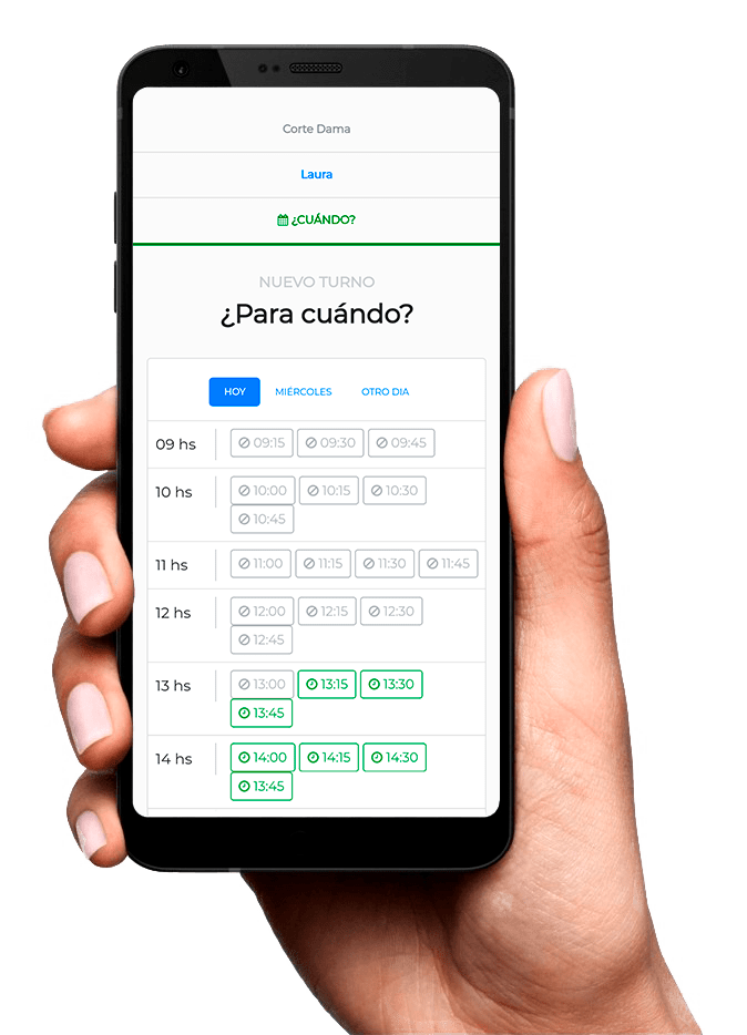 Vista de la selección de horario para reservar un turno con Luqueo